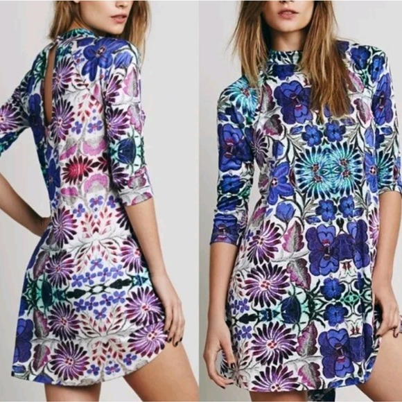 Free People Dresses & Skirts - Free People New Romantics Fiesta Floral 3/4" Sleeve High Neck Tunic Mini Dress